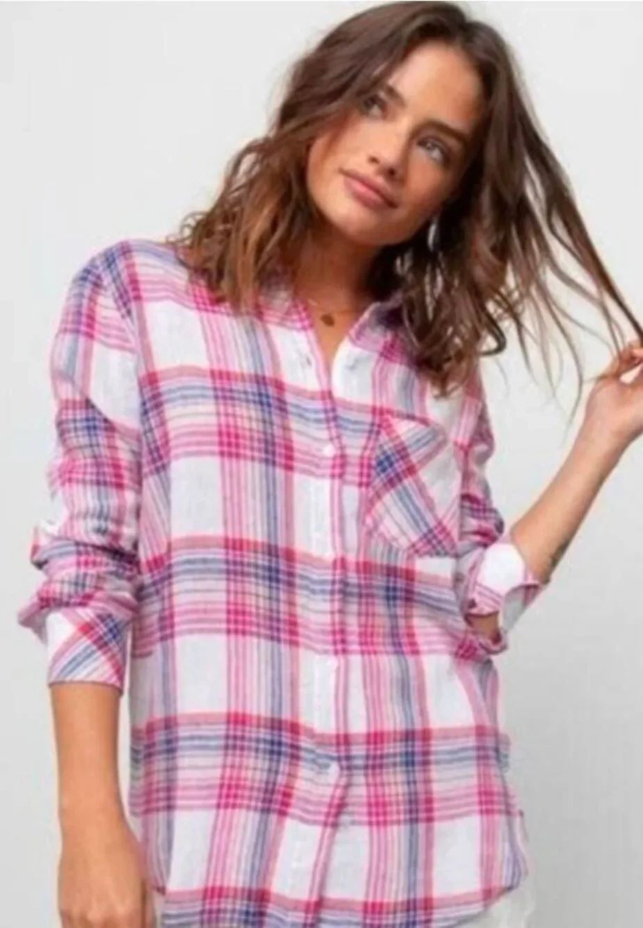 NWT Rails "Charli" pink plaid linen blend button up shirt S